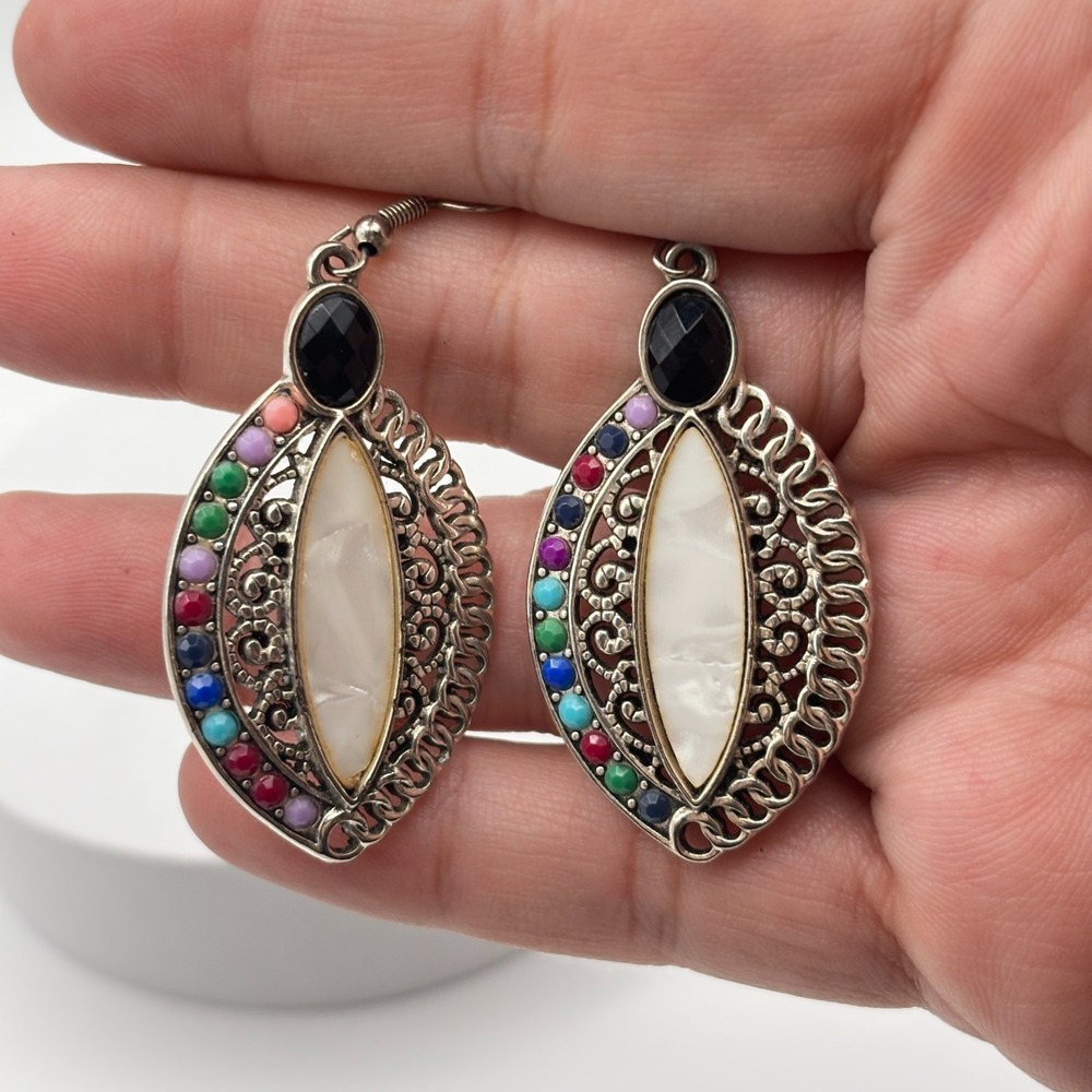 Vintage 90s Silver-Tone Filigree Women's Earring Set Bohemian Retro Drop Dangle - Picture 13 of 14